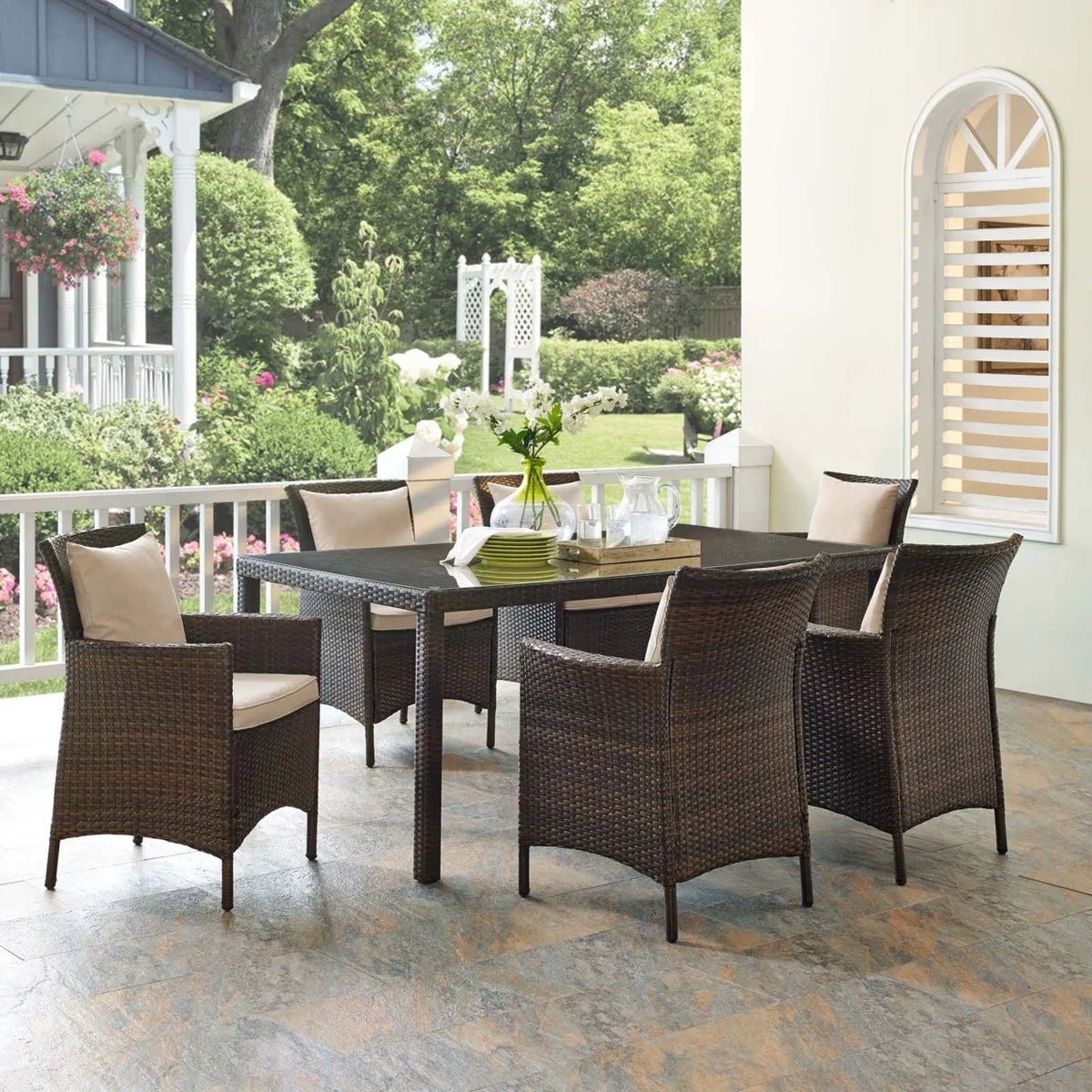7 Piece Outdoor Patio Wicker Rattan Dining Set W57822
