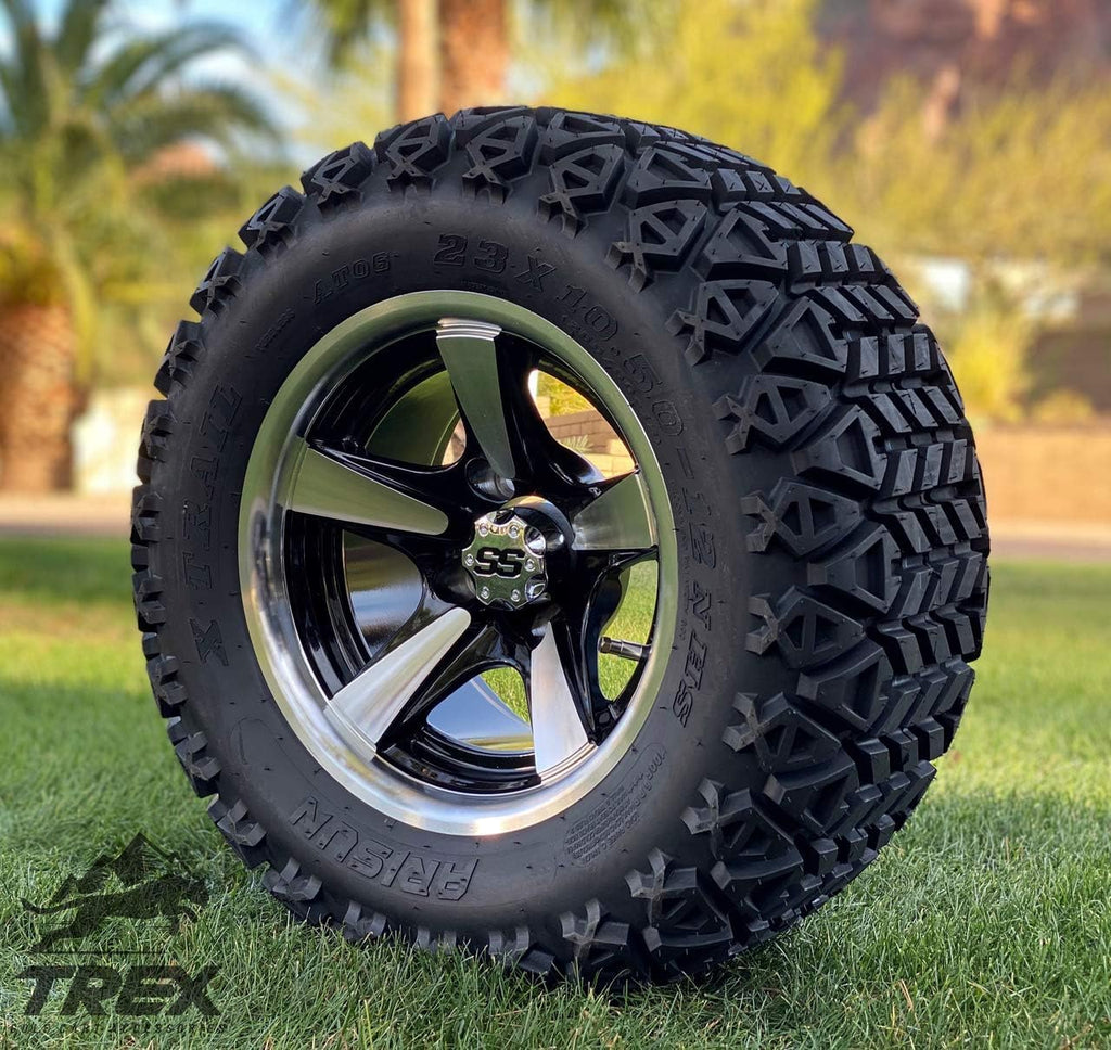 12 Machined Black Aluminum Wheels and All Terrain Tires Set of 4 I306
