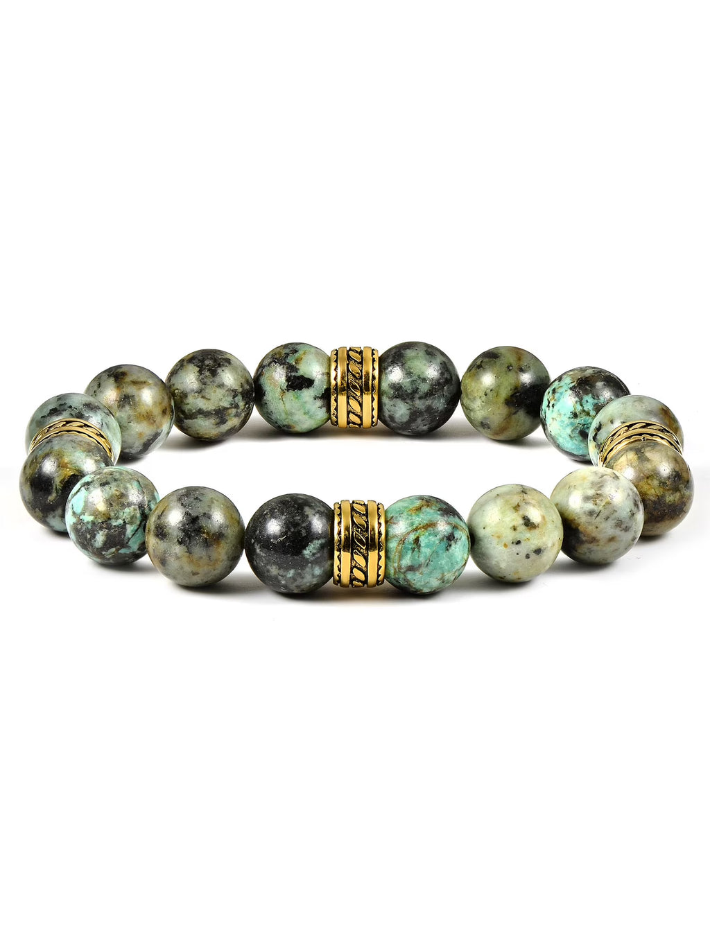 African Turquoise Stone Gold Plated Stainless Steel Beaded Stretch Bracelet (12mm) P303601