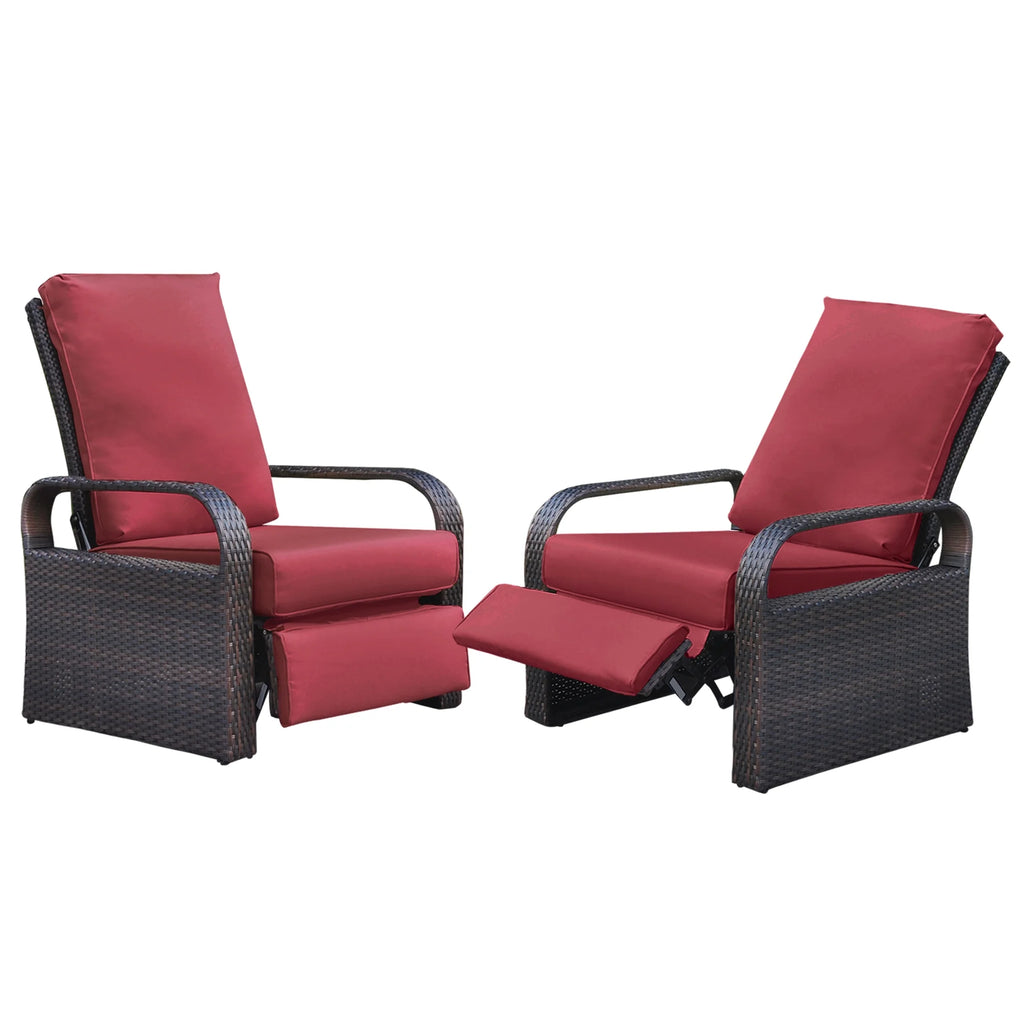 Red Rattan Wicker Adjustable Recliner Chair with Cushion and Glass Top Side Table Y7633