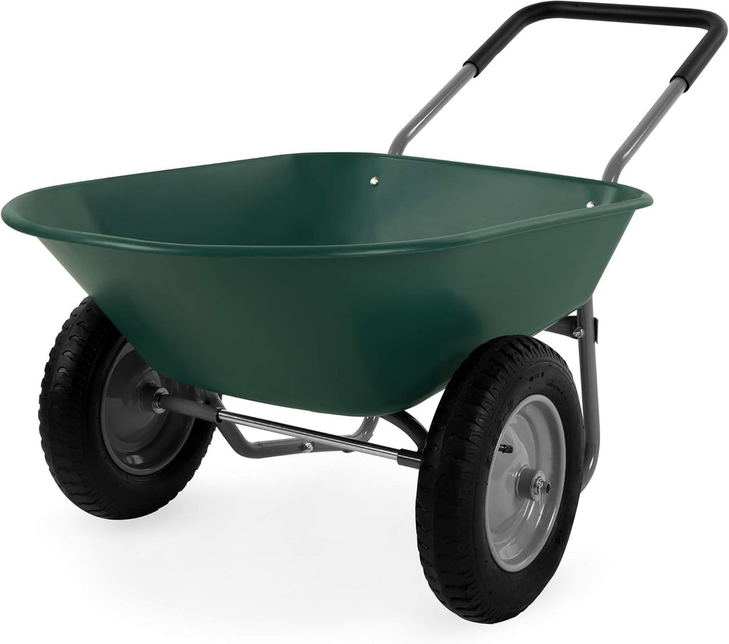 Green Dual-Wheel Utility Wheelbarrow Garden Cart with Built-in Stand L96599