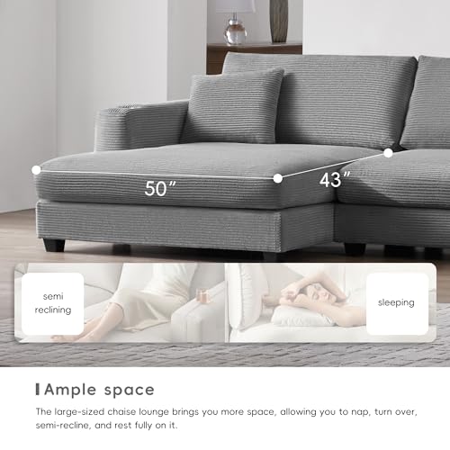 Beige Oversized Corduroy L Shaped Sectional Sofa with USB Charging Port and Cup Holder Q7186