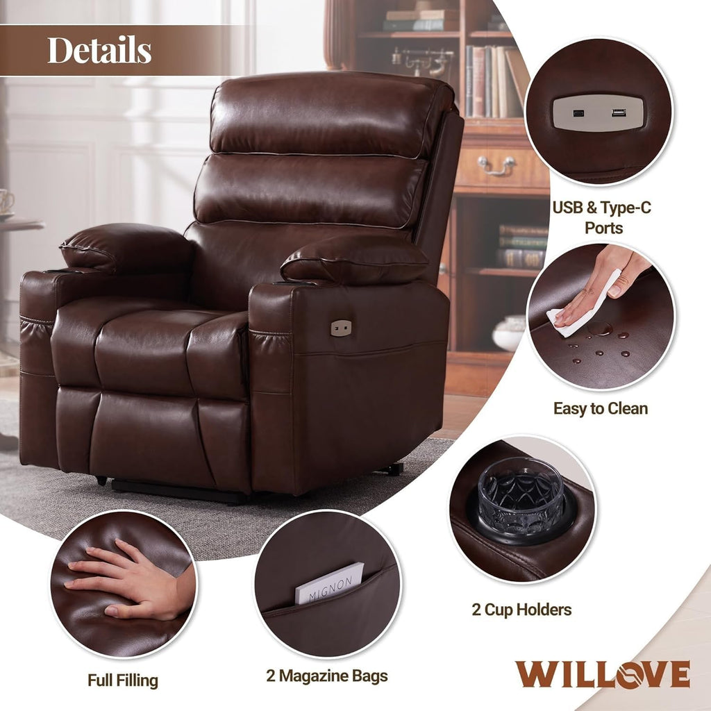 Leather Power Lift Recliner Chair with Massage and Heated A16798