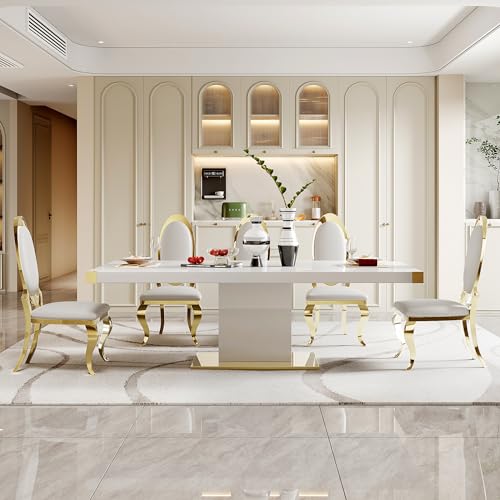78" Gold Finish MDF Dining Table Set with PU Leather Chairs Y531513