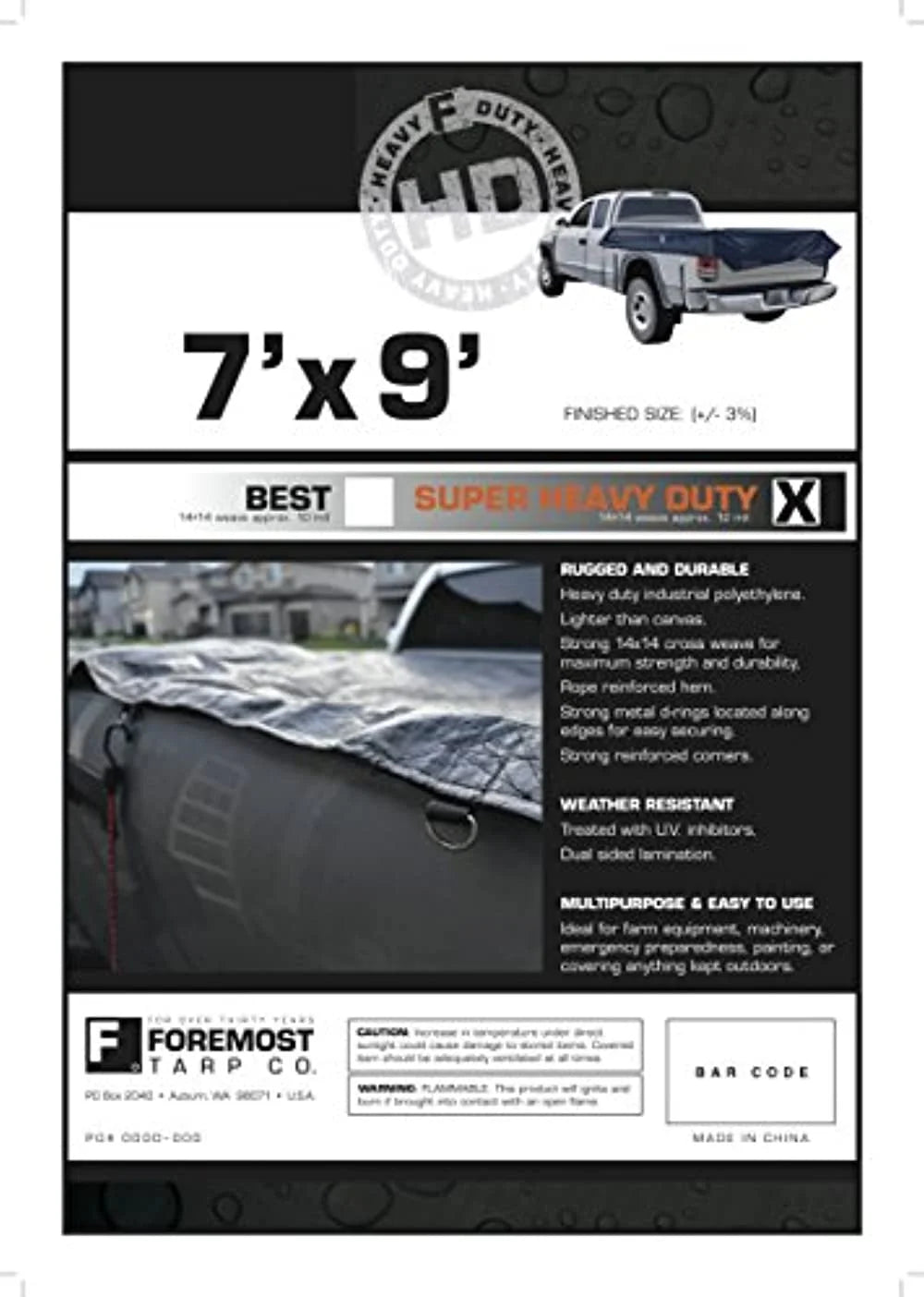 7' x 9' Black 12-mil Poly Truck Tarp E2058