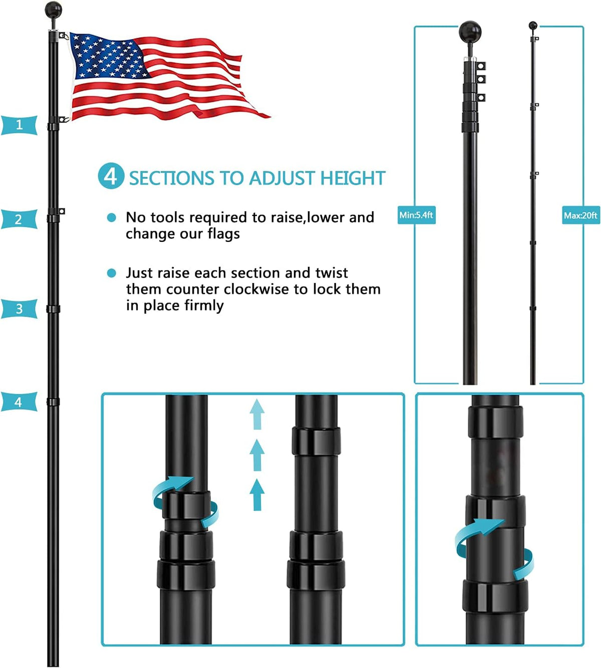 20FT Telescoping Black Flag Pole Kit with 3x5 American Flag O9717