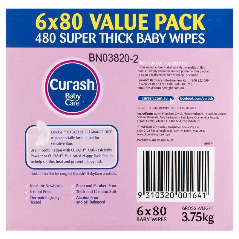 Fragrance Free Baby Wipes 6 x 80 I406542
