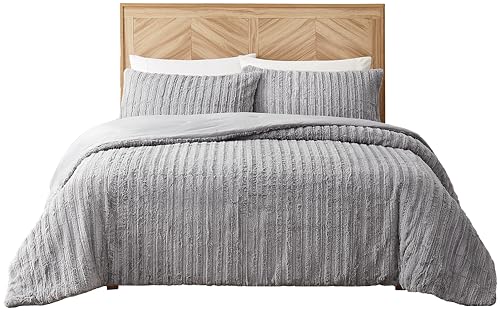 Full/Queen Size Plush Faux Fur Down Alternative Comforter Set with 2 Pillow Shams, Seal Grey R18539