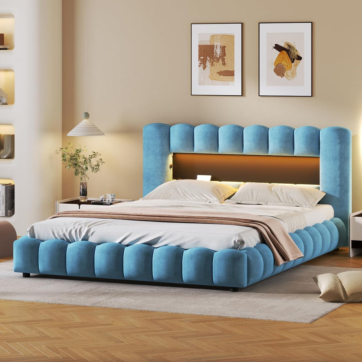 Queen Size Upholstered Storage Bed Frame with LED Headboard S53155