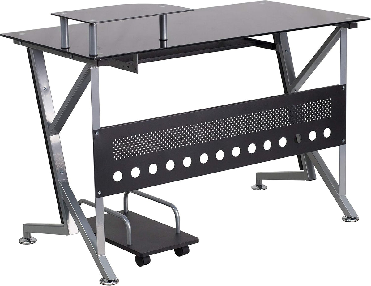Black Glass Computer Desk with Keyboard Tray and CPU Cart B5077