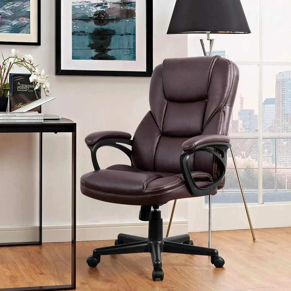 Brown Faux Leather High-Back Office Chair with Lumbar Support W749