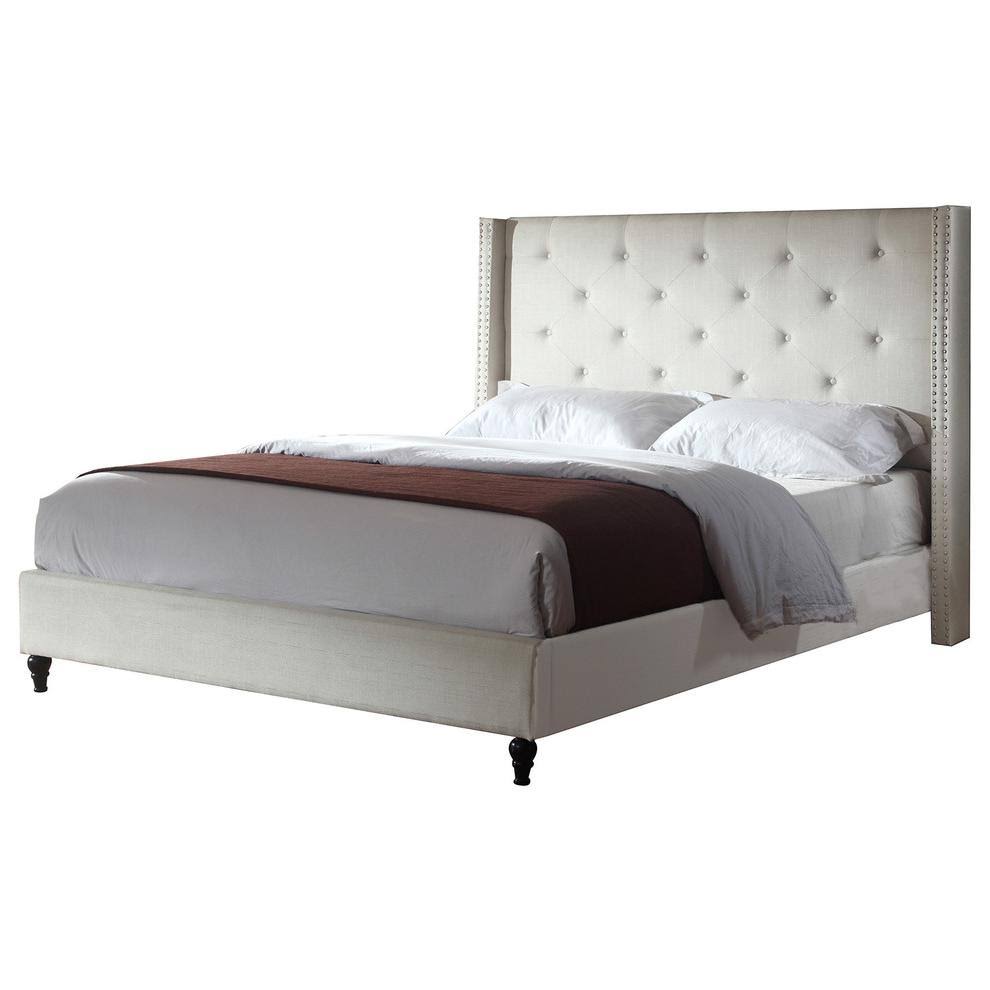 Beige Linen Blend Upholstered Wingback Platform Bed P476762