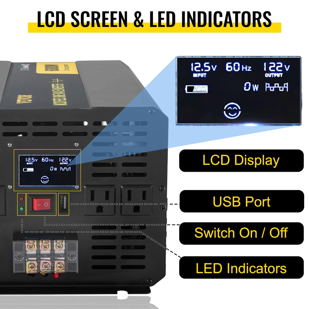6000W Modified Sine Wave Power Inverter DC 12V to AC 120V with LCD Display L300368