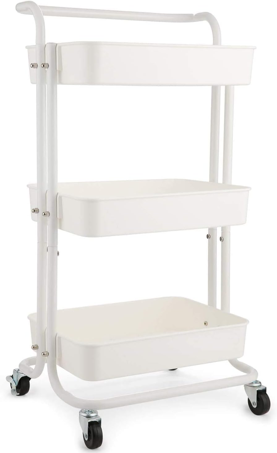 3-Tier White Rolling Utility Cart with Mesh Basket S101