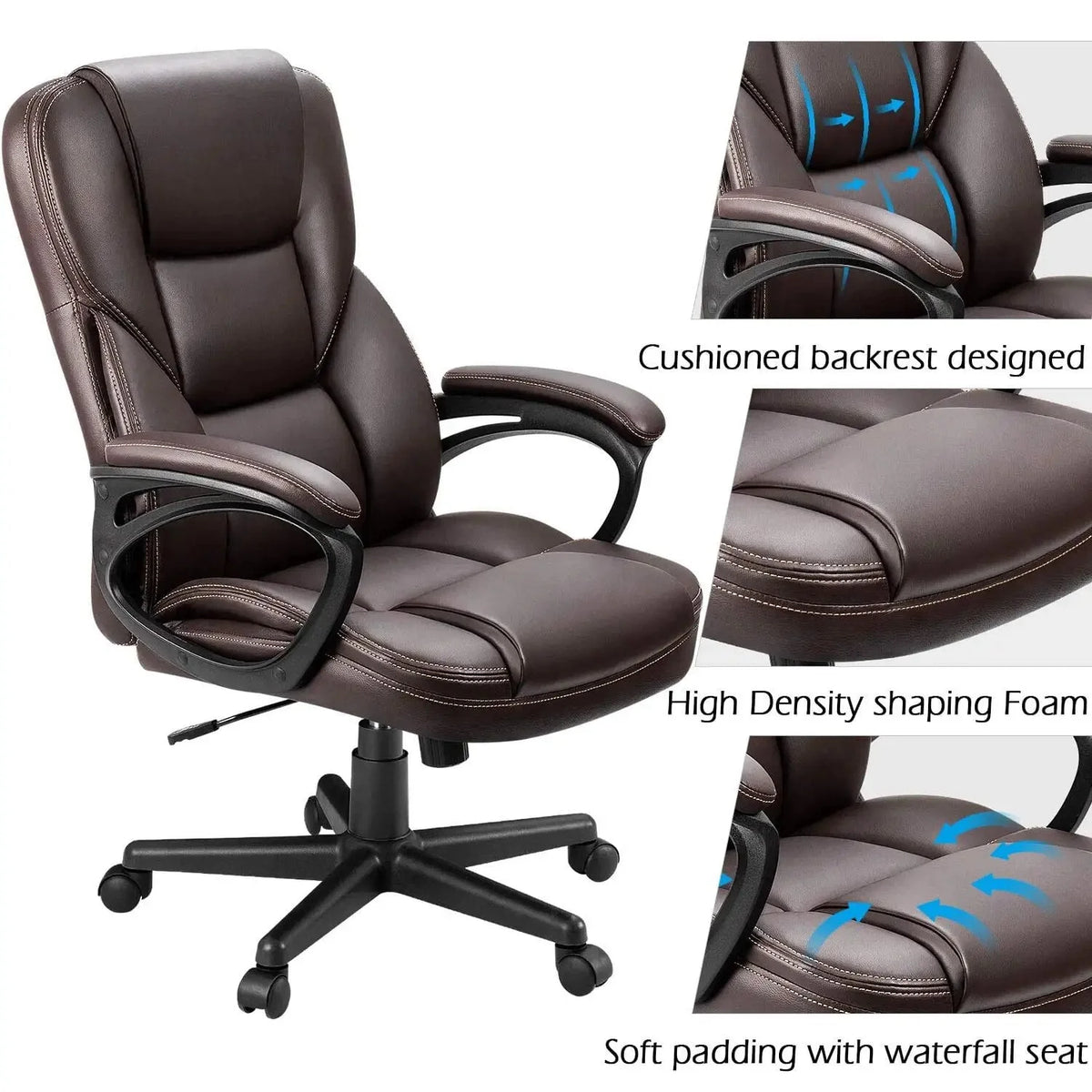 Brown Faux Leather High-Back Office Chair with Lumbar Support W749