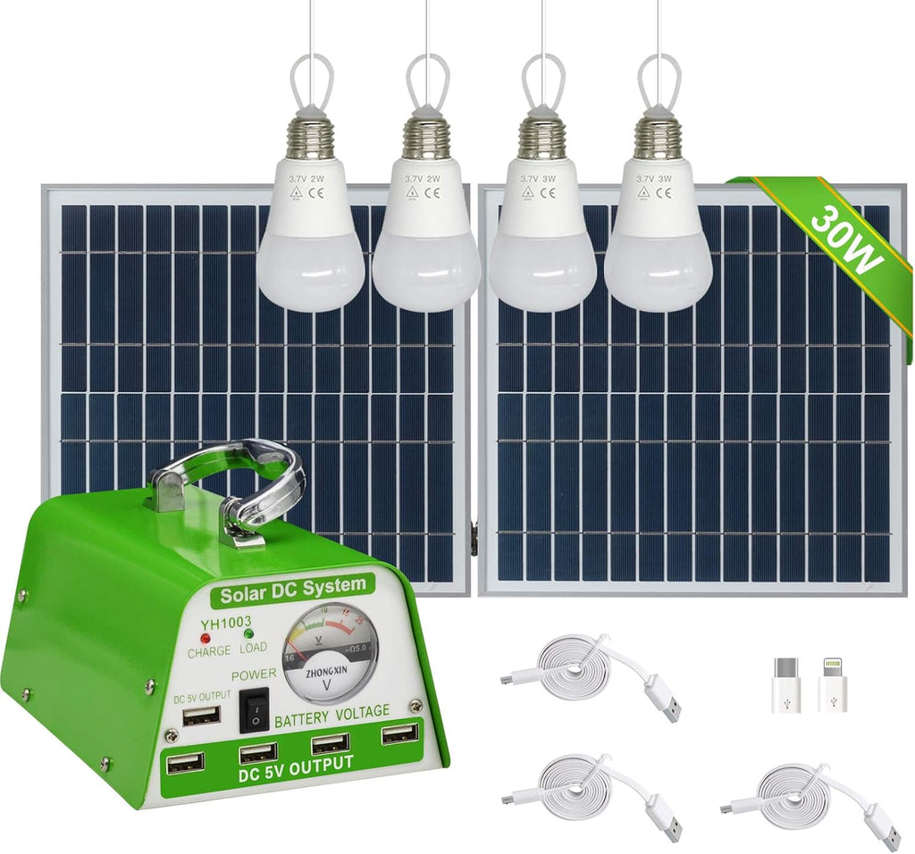 30W Panel Foldable Solar Panel Lighting Kit with 5 USB Solar Charger LED Light Bulb and 5 Cellphone Charger H9953
