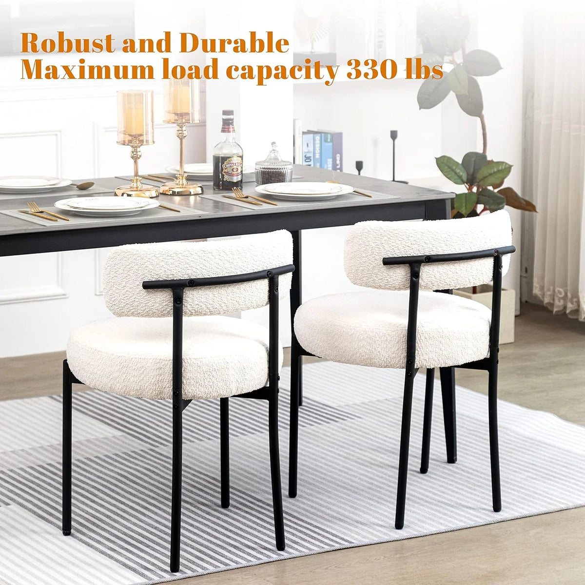 White Boucle Dining Chairs Set of 2 with Black Metal Legs D6547