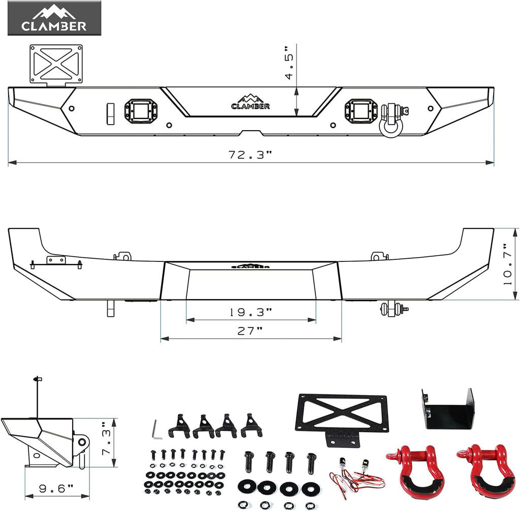 Full-Width Textured Black Rear Bumper with 2PCS LED Flood Lights S828