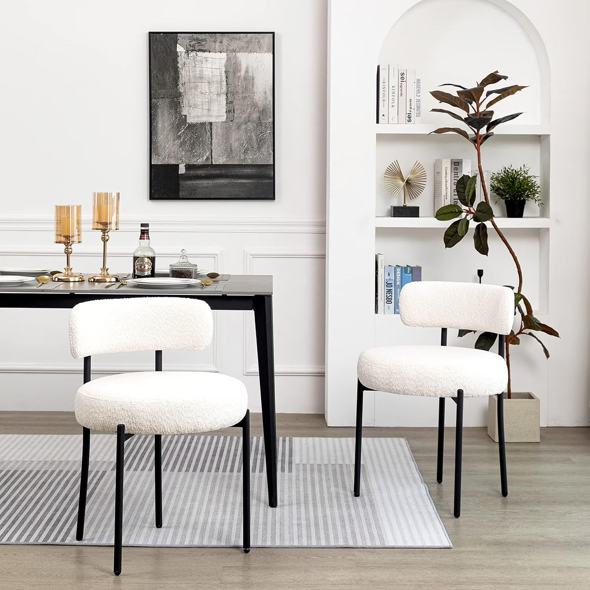 White Boucle Dining Chairs Set of 2 with Black Metal Legs D6547