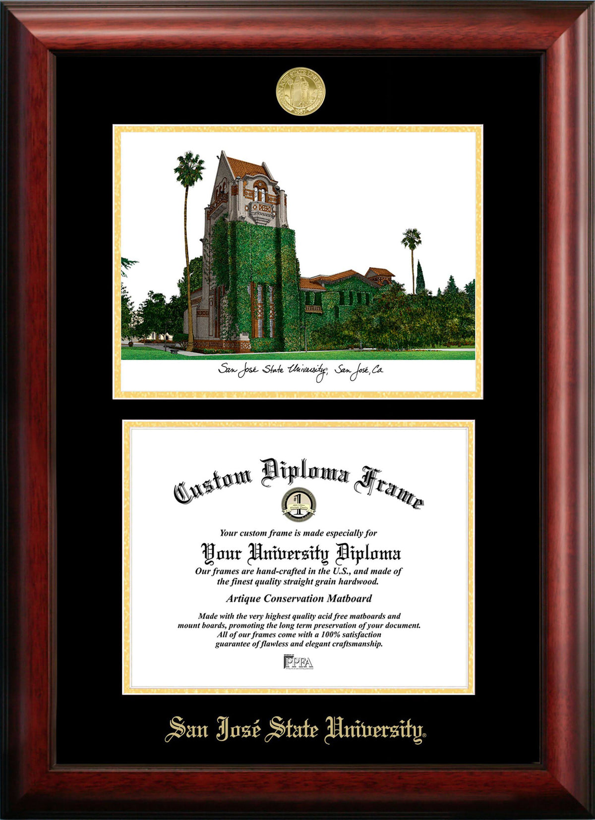 Gold Embossed Diploma Frame with Campus Images Lithograph A845