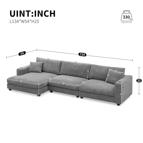 Beige Oversized Corduroy L Shaped Sectional Sofa with USB Charging Port and Cup Holder Q7186