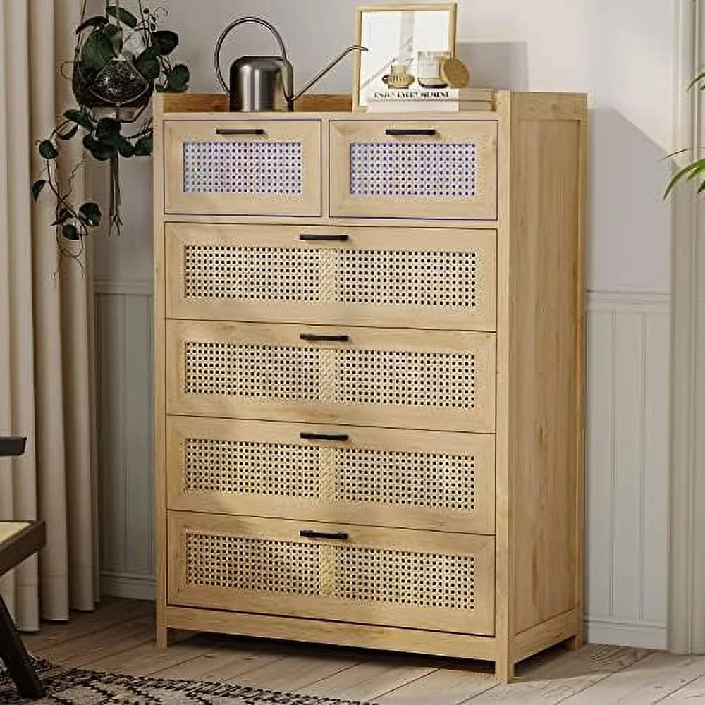 Rattan 6 Drawer Wood Dresser with LED Lights C320