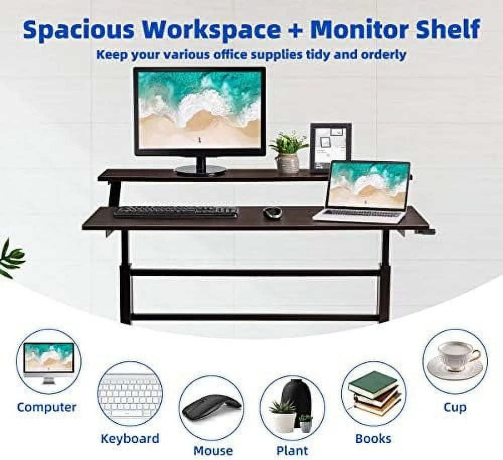 2-Tier Height Adjustable Standing Desk with Monitor Stand (Brown) H486