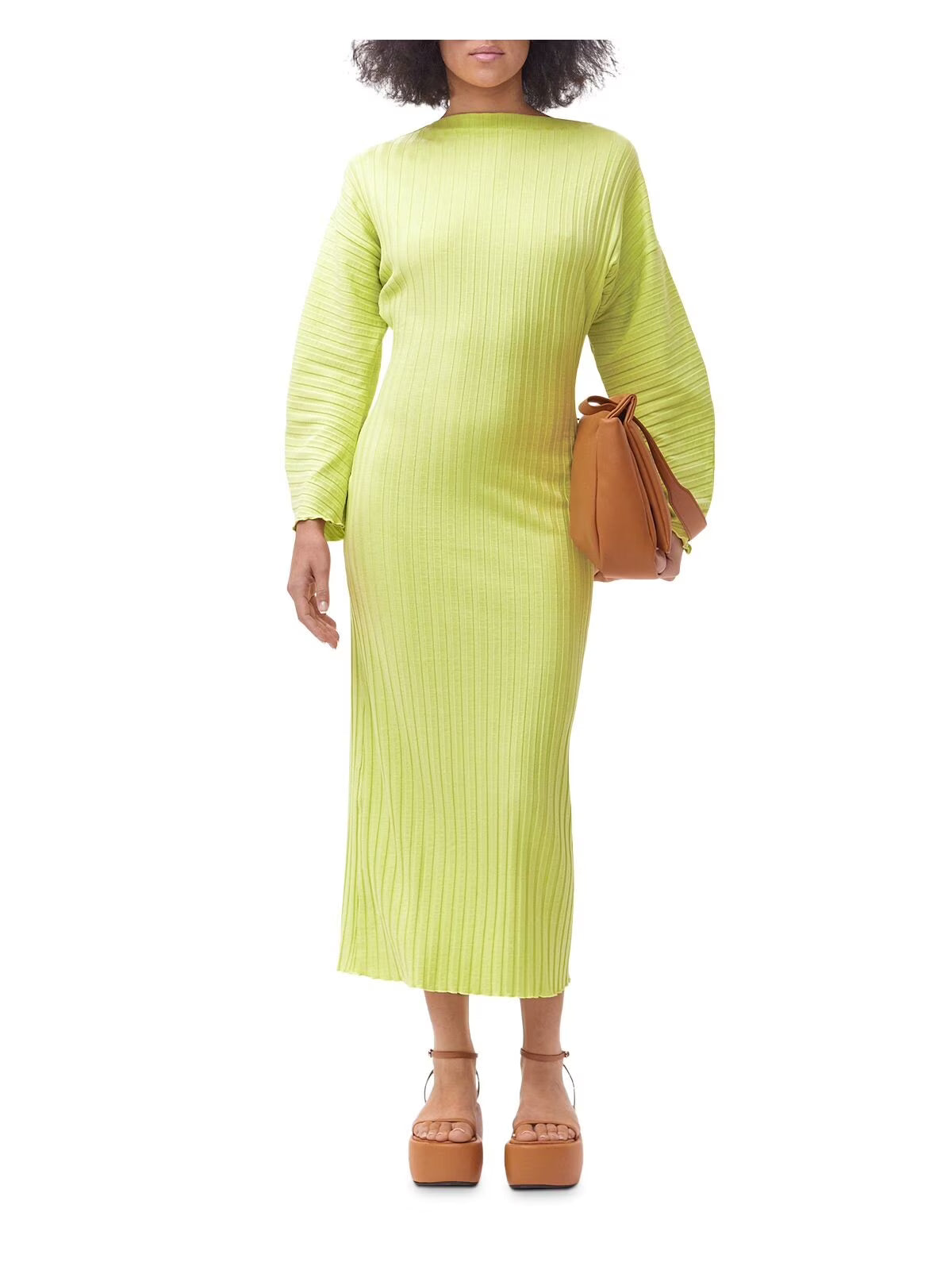 Green Long Sleeve Boat Neck Midi Sheath Dress L4621