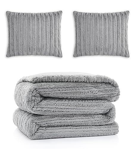 Full/Queen Size Plush Faux Fur Down Alternative Comforter Set with 2 Pillow Shams, Seal Grey R18539