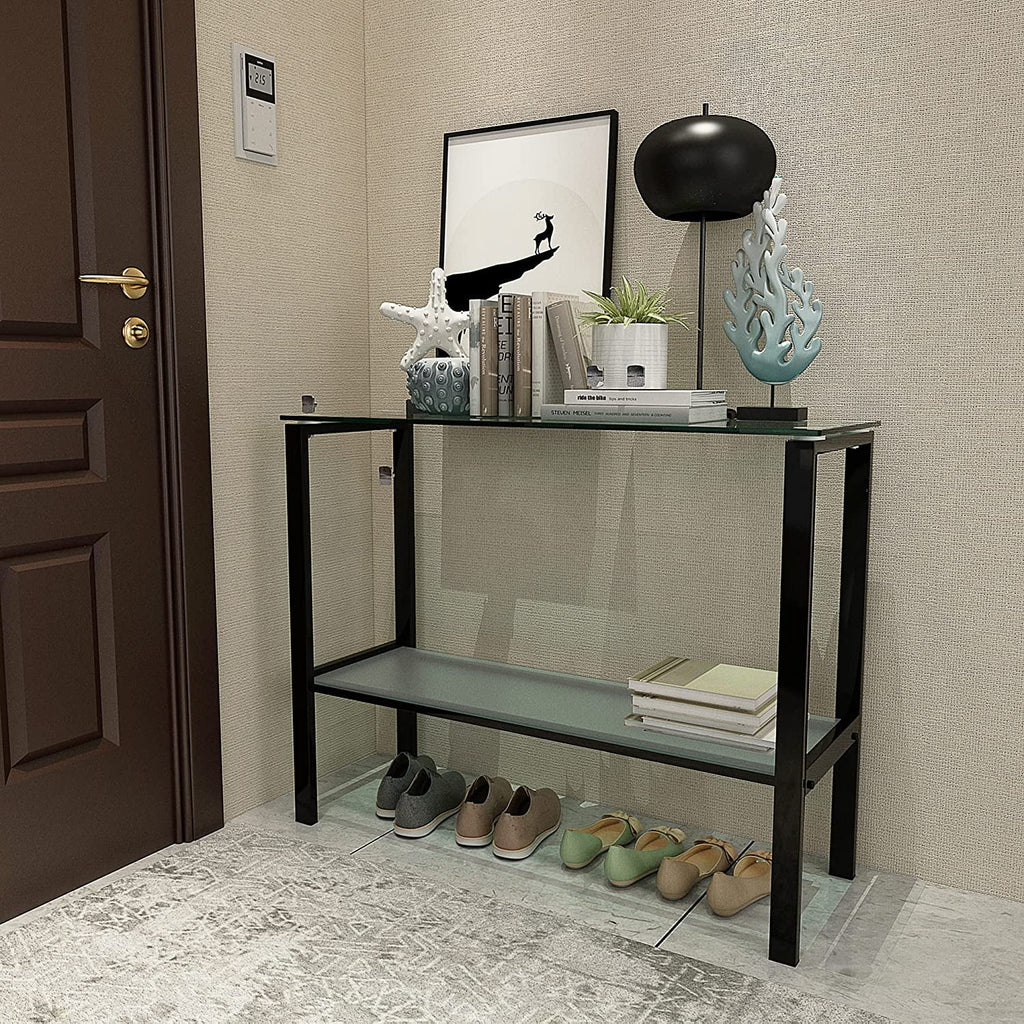 39.37" Black Console Table with 2 Shelves Tempered Glass Metal Frame H196508