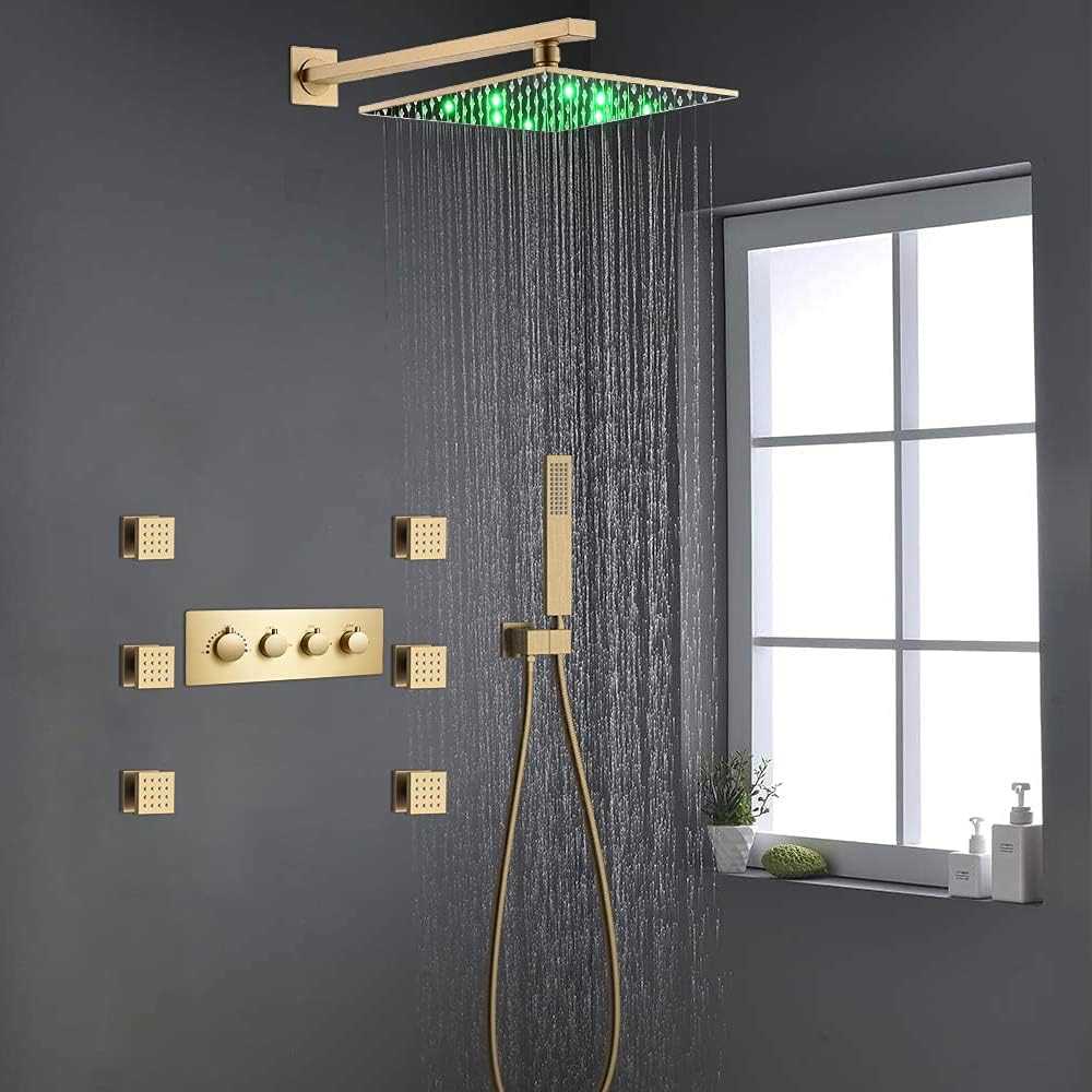 Brushed Gold Wall Mounted 12 Inch LED Rainfall Shower System With 6 PCS Body Jets Q768