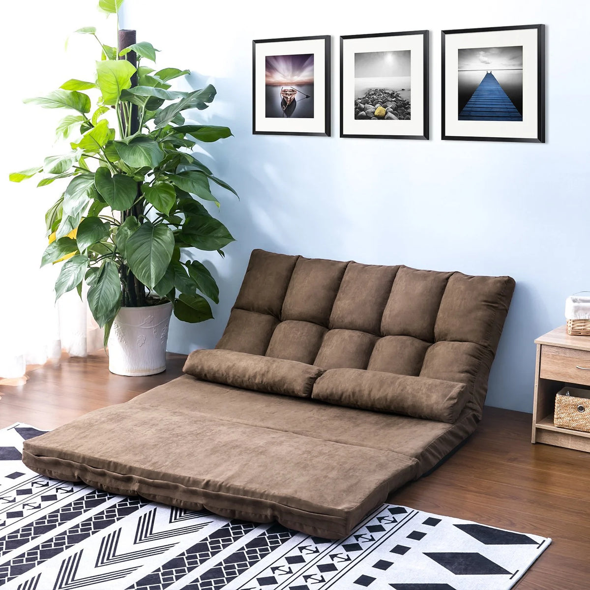 Brown Double Chaise Lounge Sofa with Two Pillows V57897