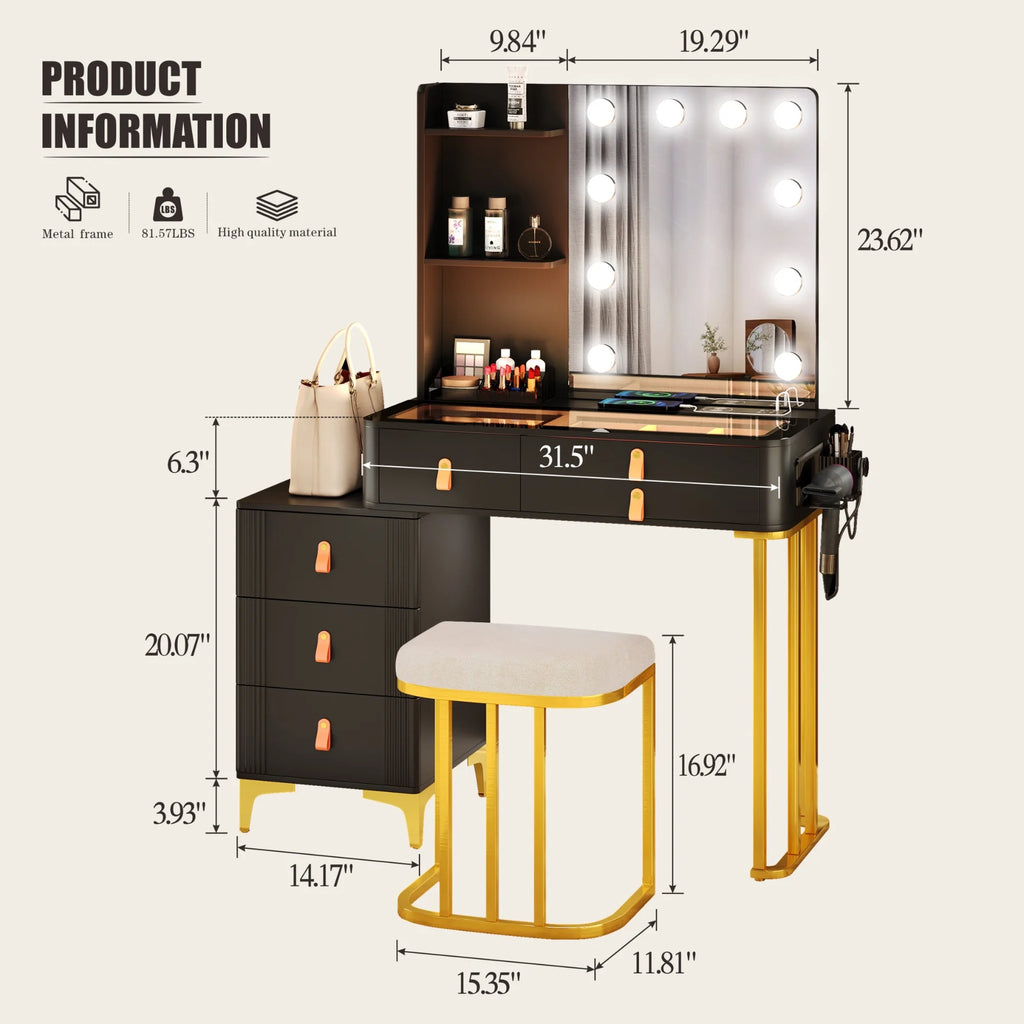 Black Makeup Vanity Desk Set with Mirror and Led Lights D5938