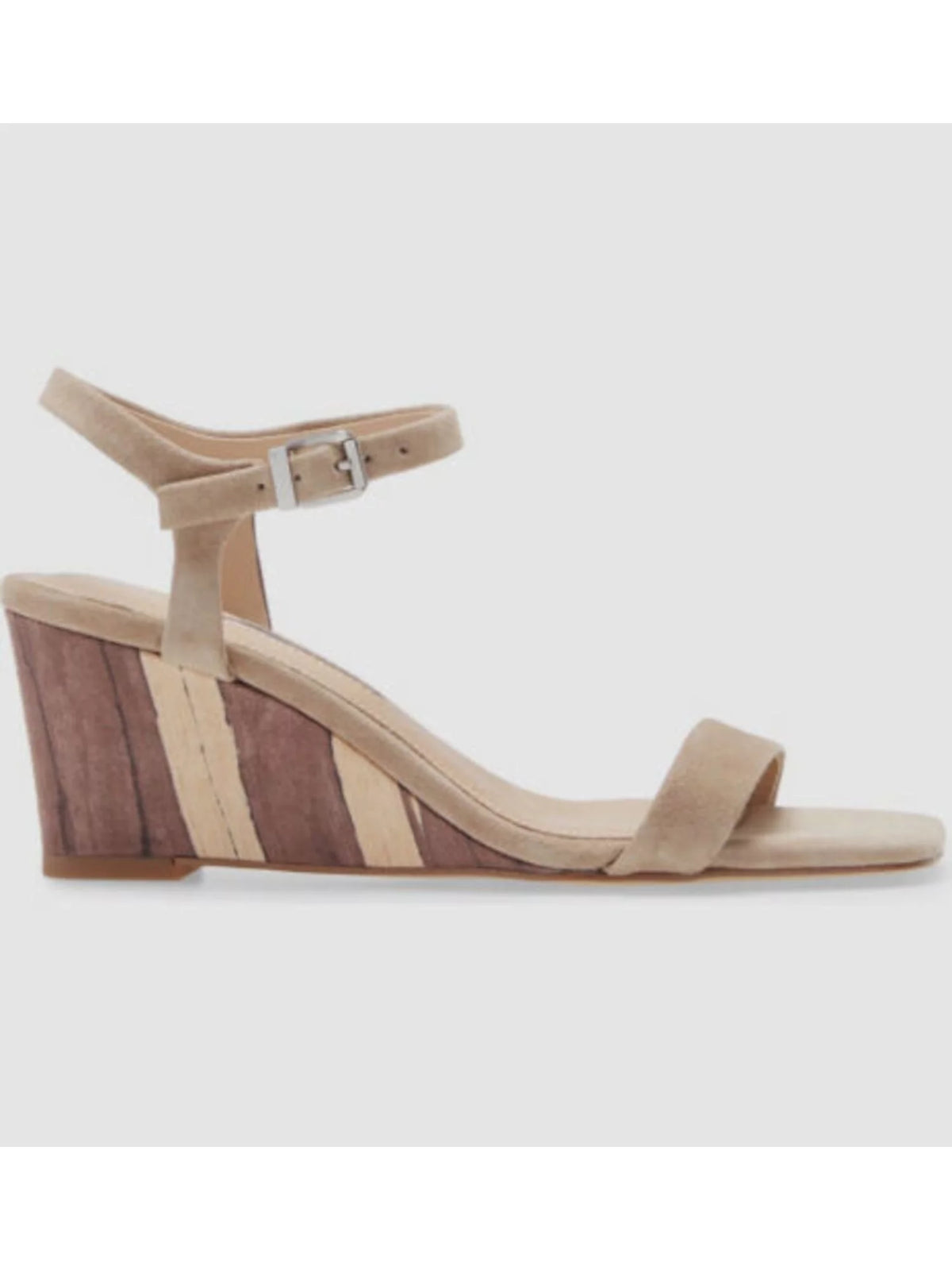 Beige Striped Adjustable Padded Ankle Strap Square Toe Wedge Leather Dress Sandals P34073