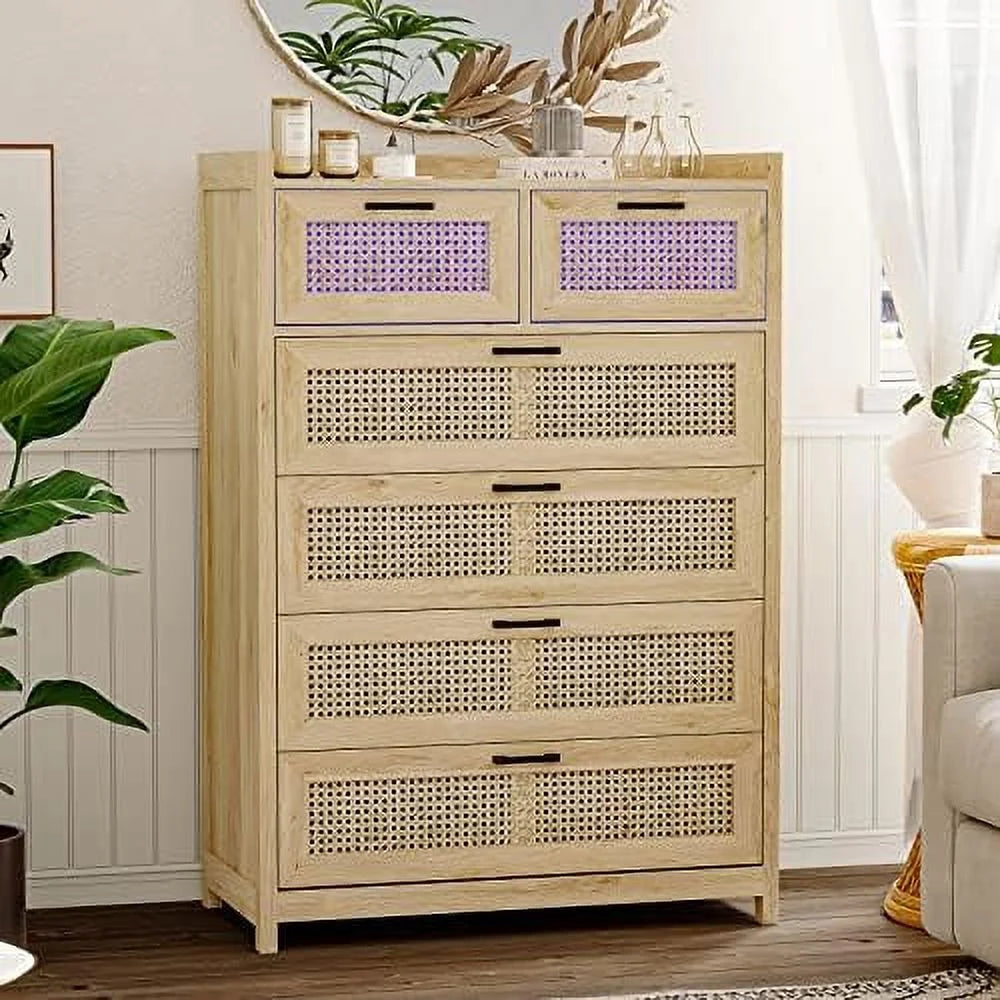 Rattan 6 Drawer Wood Dresser with LED Lights C320