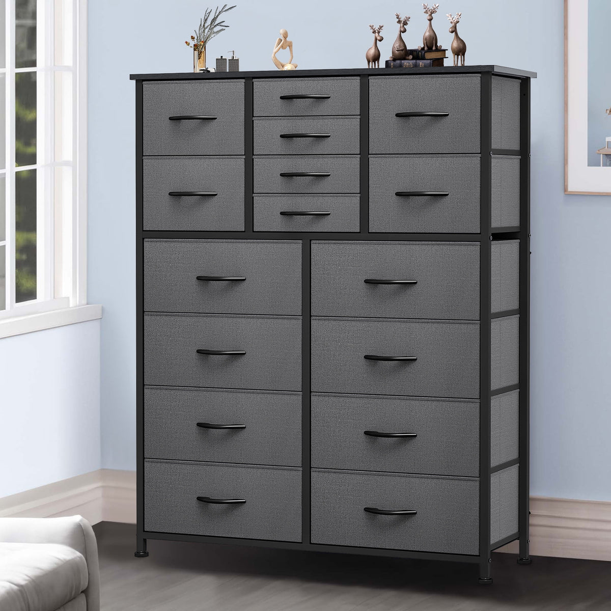16 Drawer Fabric Dresser with Metal Frame and Wooden Top K479546