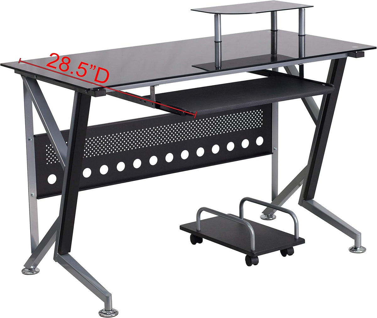 Black Glass Computer Desk with Keyboard Tray and CPU Cart B5077