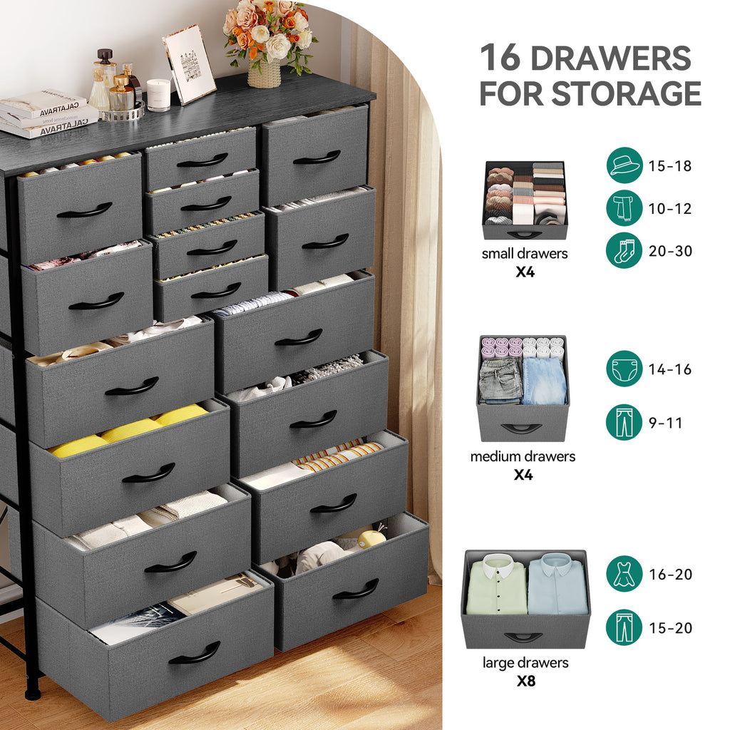 16 Drawer Fabric Dresser with Metal Frame and Wooden Top K479546