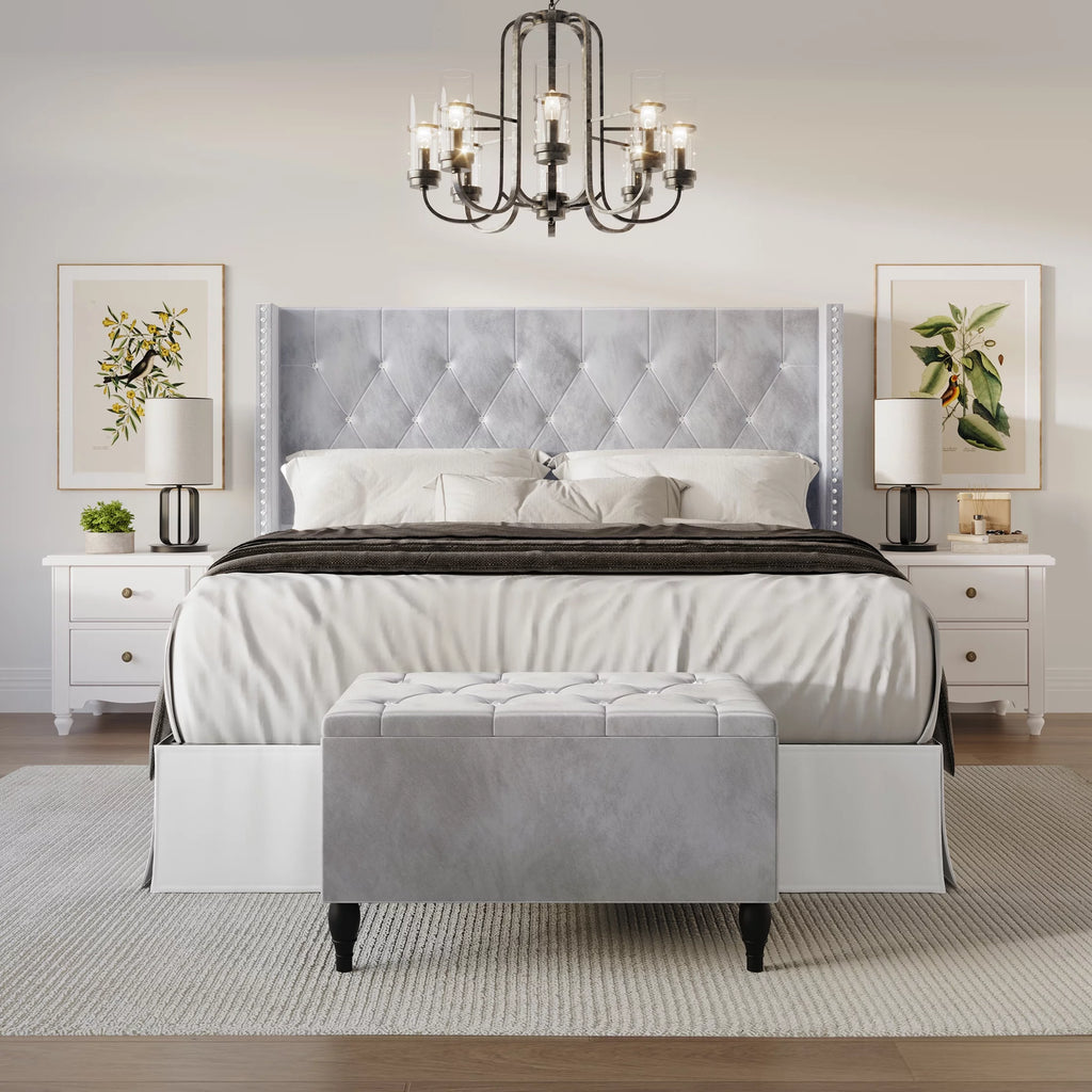 Black Velvet Upholstered Storage Bench Bed X93221