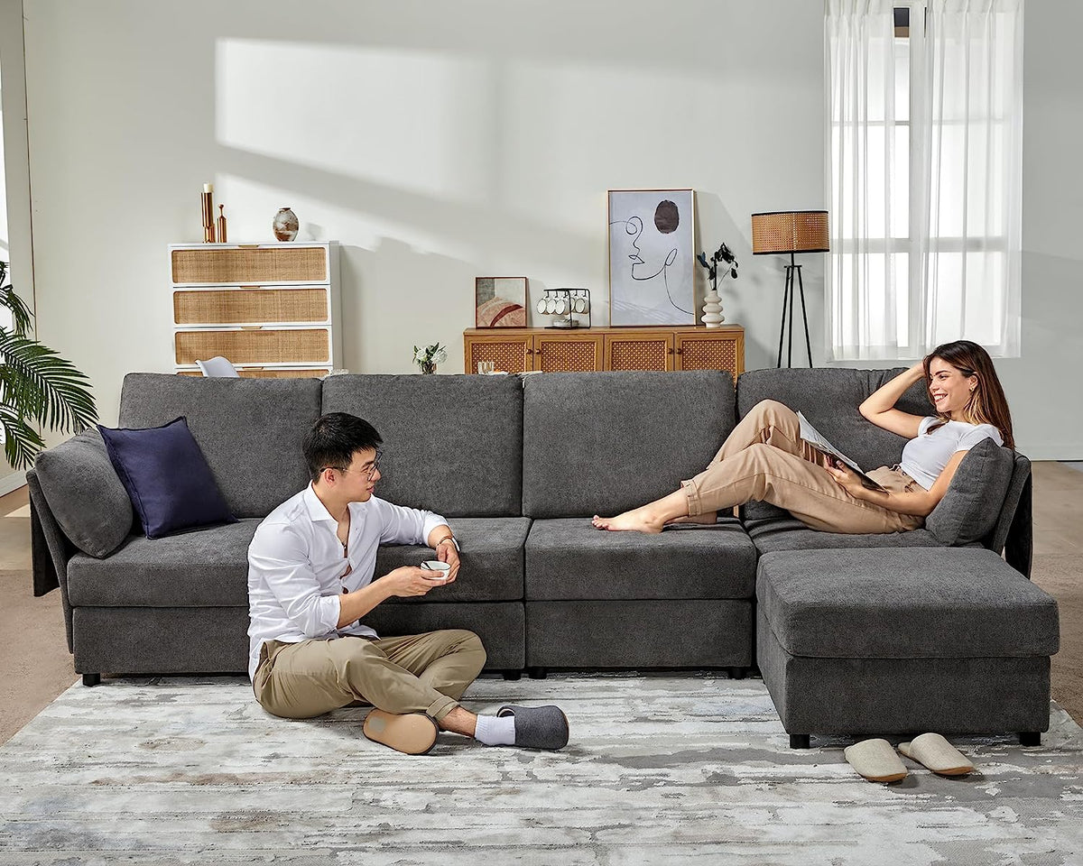 Oversized Chenille Dark Gray Modular Sectional Sofa with Storage and Chaise F943306