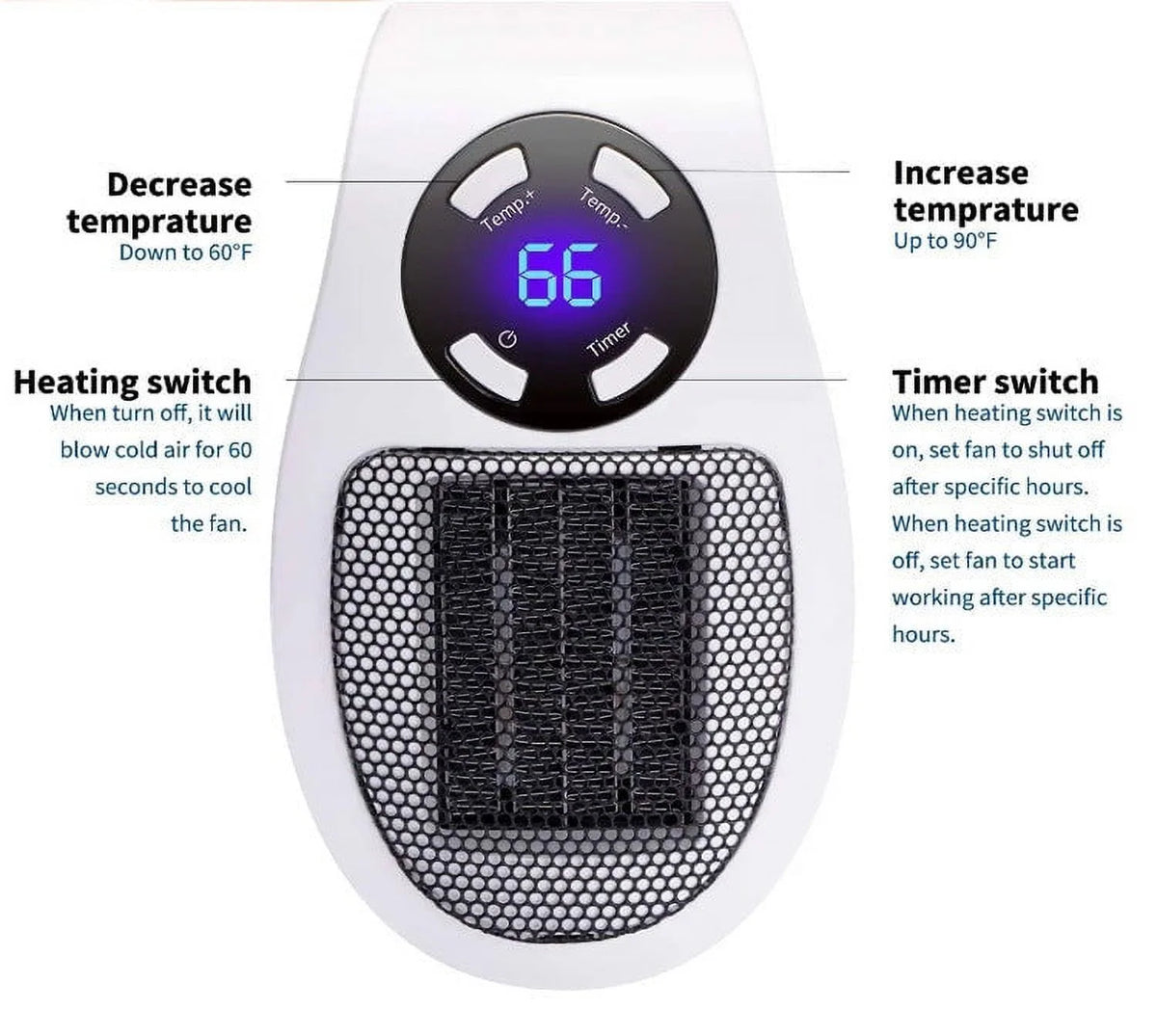 500W Mini Plug-in Wall Heater with Digital Timer H483854