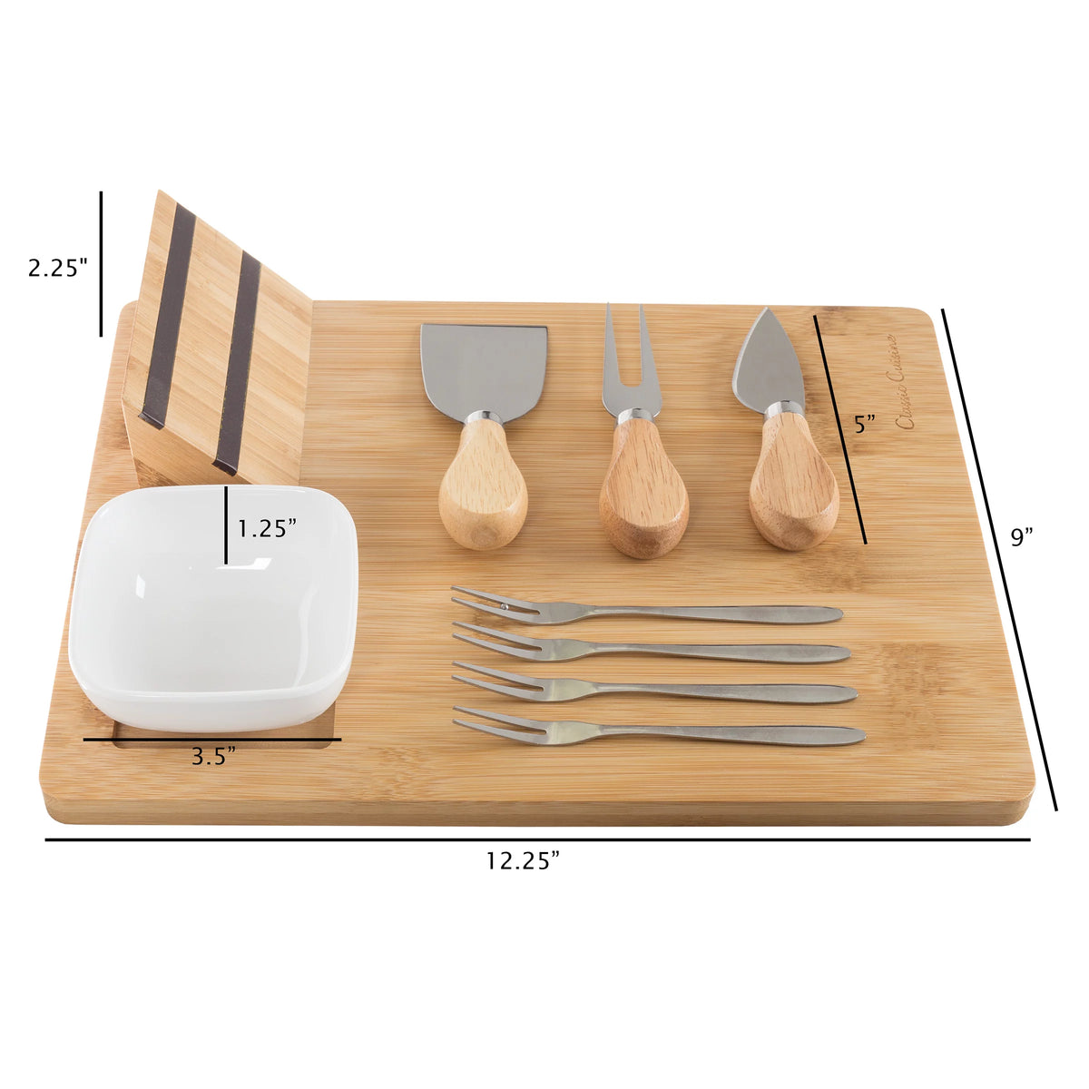 9 Piece Bamboo Cheese Serving Tray Set with Stainless Steel Cutlery and Dip Dish E675523