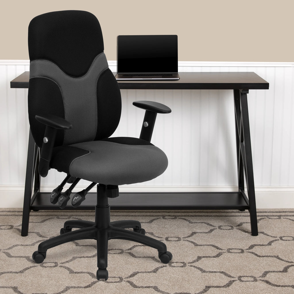 Black and Gray Mesh Swivel Task Office Chair with Adjustable Arms O3334