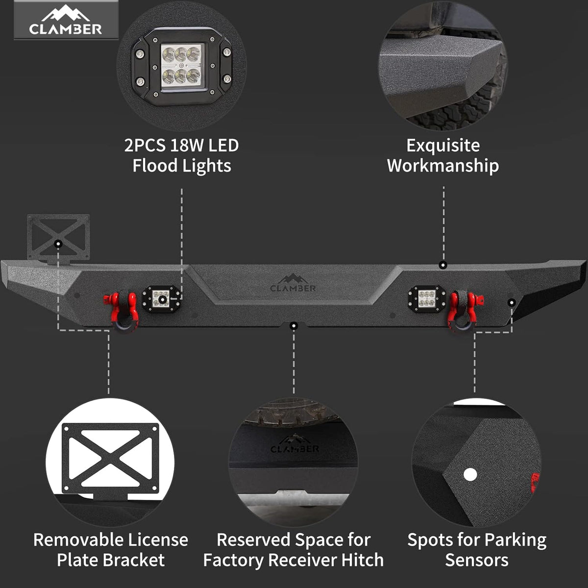 Full-Width Textured Black Rear Bumper with 2PCS LED Flood Lights S828