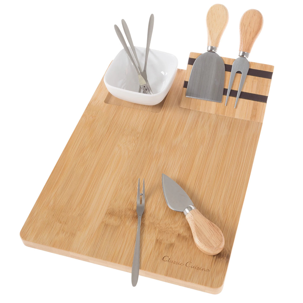 9 Piece Bamboo Cheese Serving Tray Set with Stainless Steel Cutlery and Dip Dish E675523