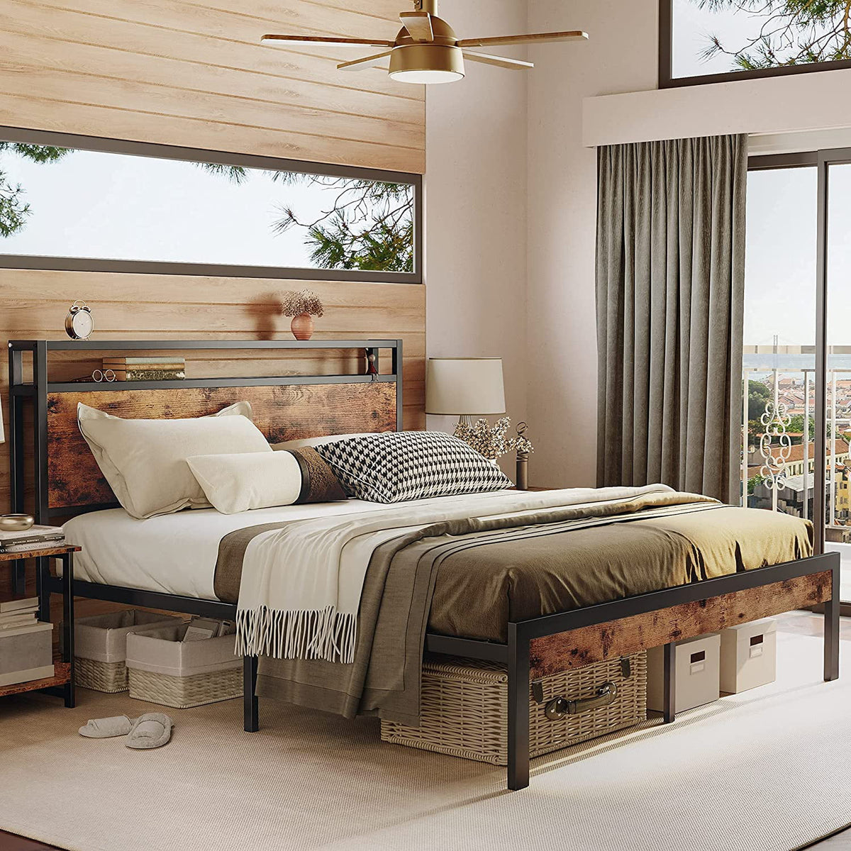 Queen Bed Frame with Industrial Headboard S707