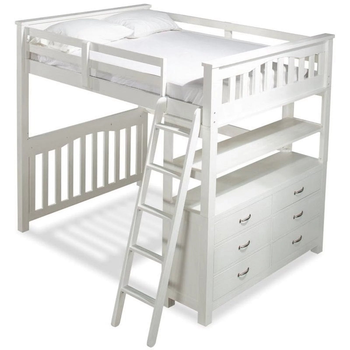 Solid Wood Full Loft Bed with Dresser in White K912