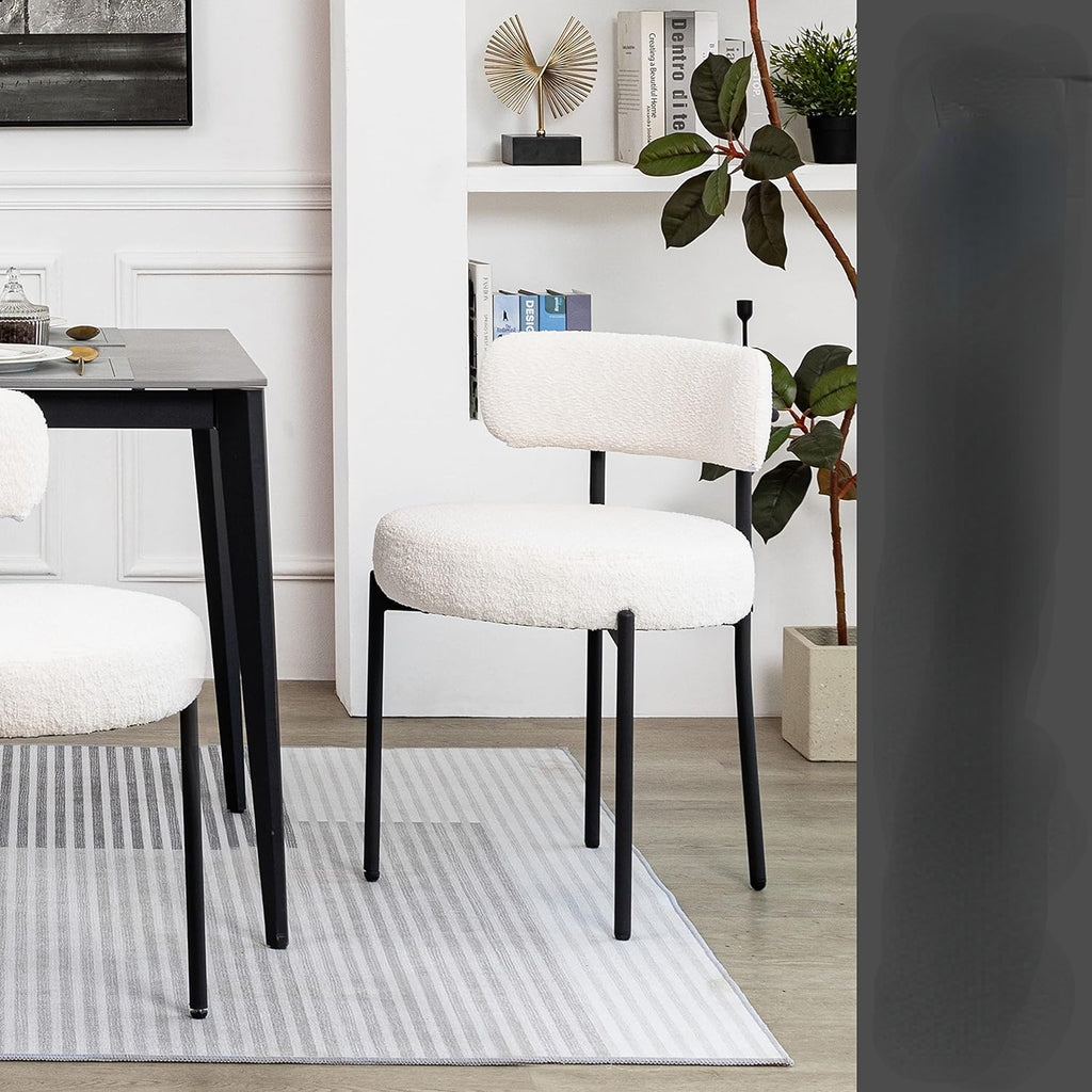 White Boucle Dining Chairs Set of 2 with Black Metal Legs D6547