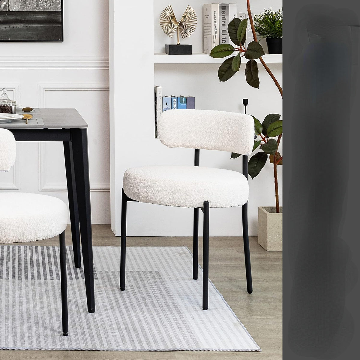 White Boucle Dining Chairs Set of 2 with Black Metal Legs D6547