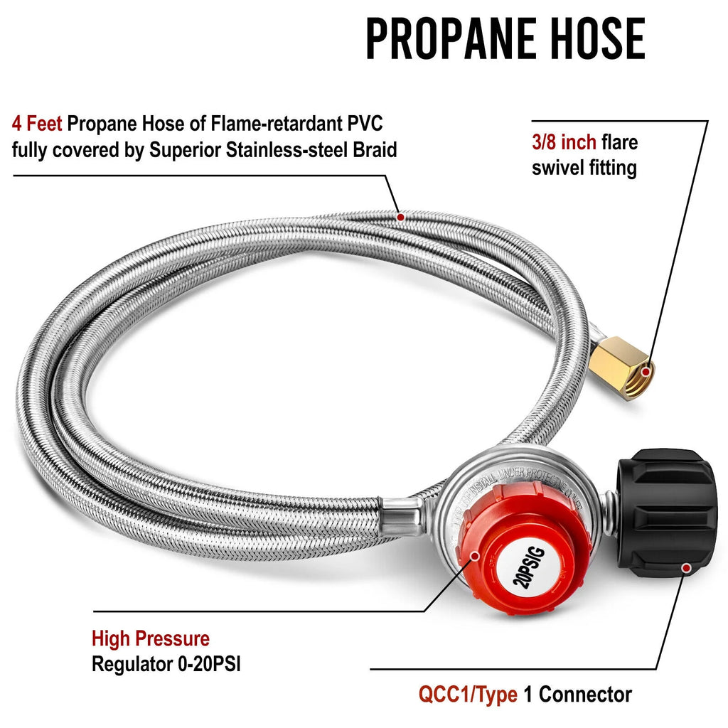 4FT Stainless Steel Braided Propane Gas Hose with Adjustable High Pressure Regulator X819